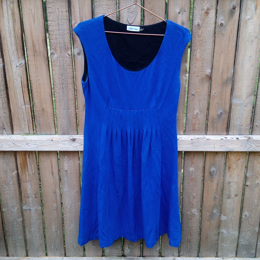 Calvin Klein Blue Pleated Detail Scoop Neck Dress